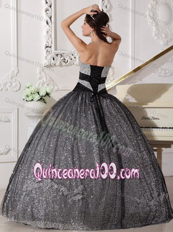 Black and Silver Sweetheart Quinceanera Gown Dress by Sequined Fabric