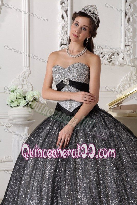 Black and Silver Sweetheart Quinceanera Gown Dress by Sequined Fabric