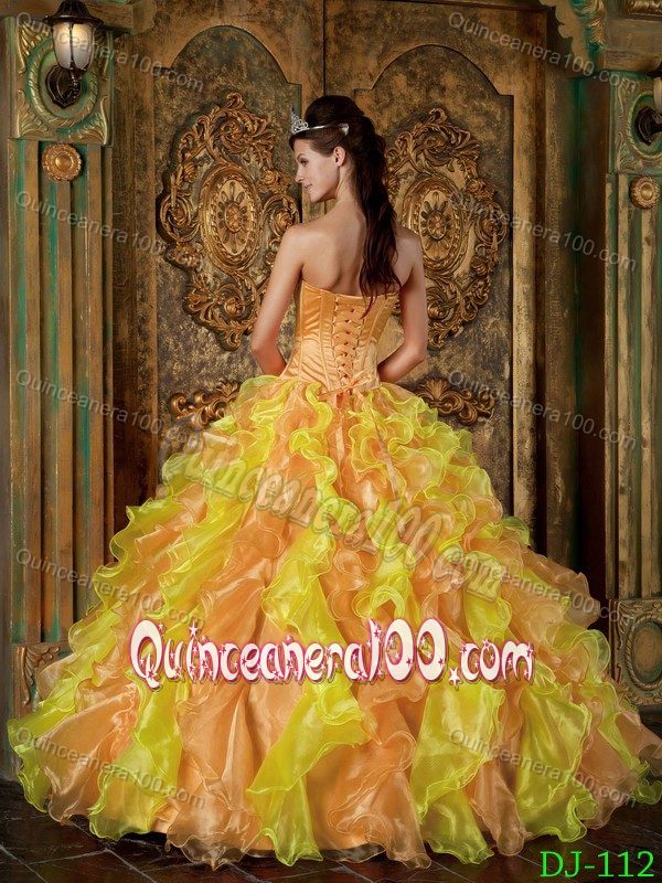 Golden Organza Strapless Quinceanera Dress with Ruffles and Embroidery