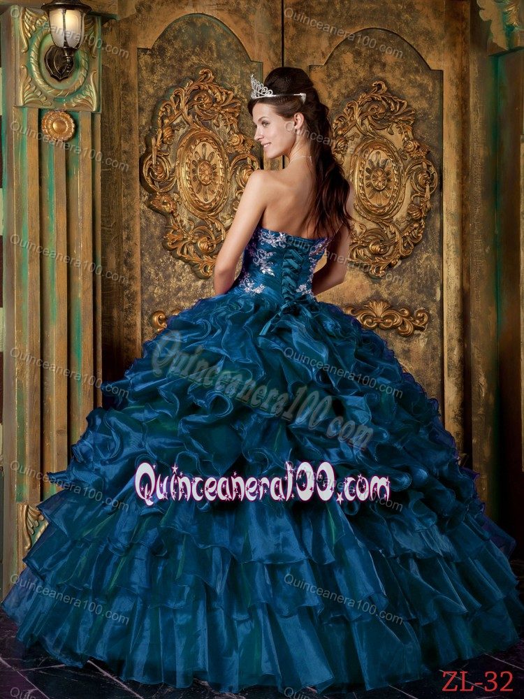 Teal Organza Strapless Quinceanera Dress with Appliques and Ruffles