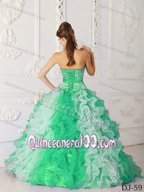 Green and White Quinceanera Gown Dress with Bodice by Zebra Print Fabric