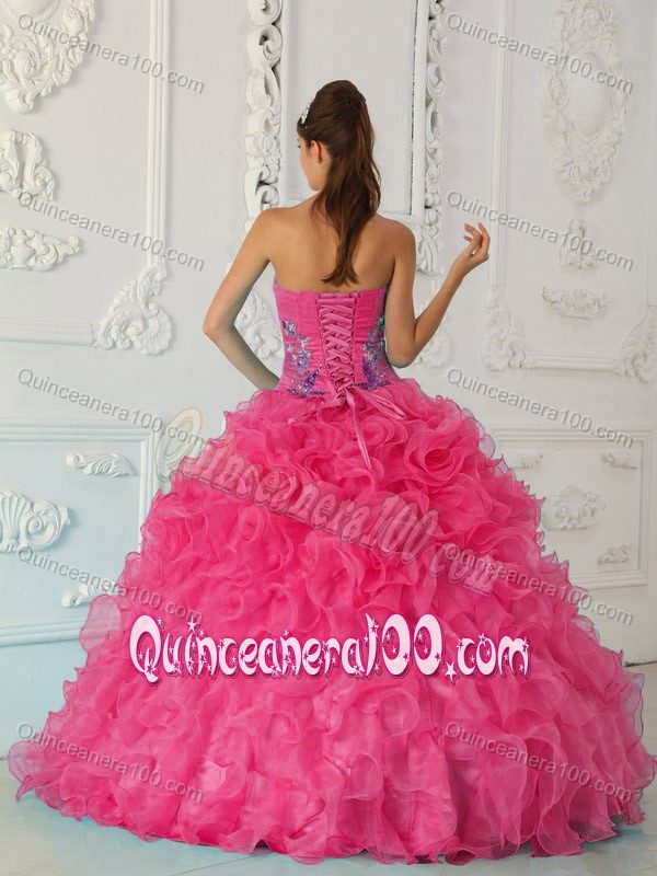 Strapless Ruffled Hot Pink Sweet 15 Dresses with Embroidery