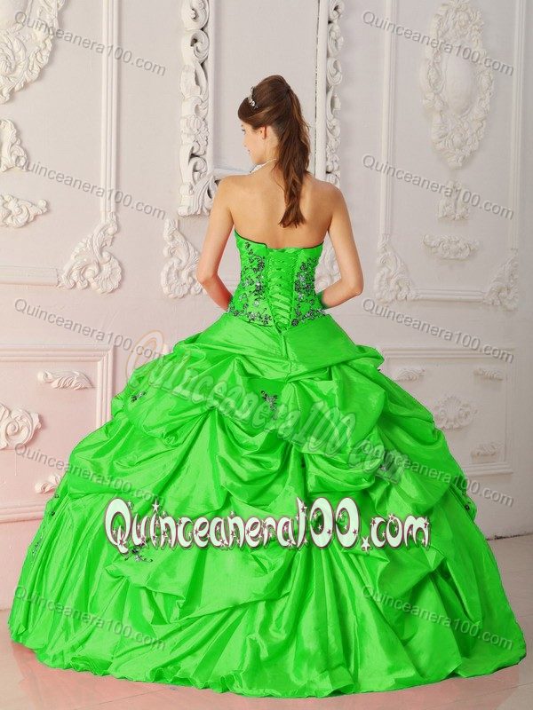 Green Strapless Quinceanera Gowns Dresses with Black Appliques