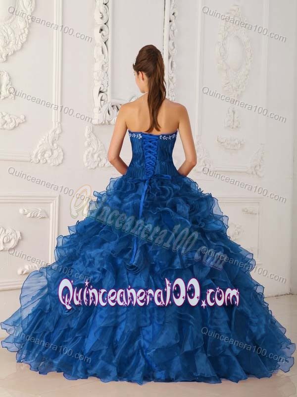 Strapless Blue Dress for Sweet 16 with Embroidery and Ruffles