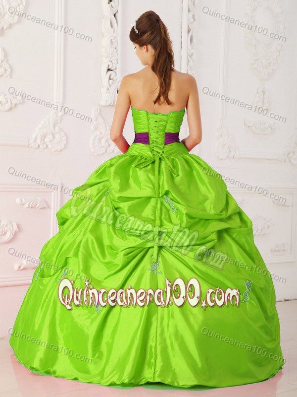 Beaded Spring Green Quince Dress with Pick Ups and Purple Bowknot