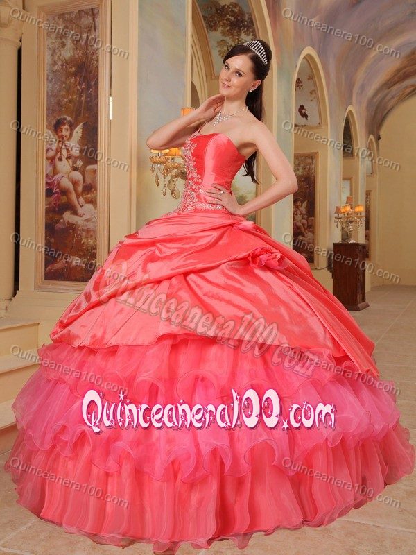 Pick Ups Appliqued Coral Red Quinceanera Dress One Shoulder