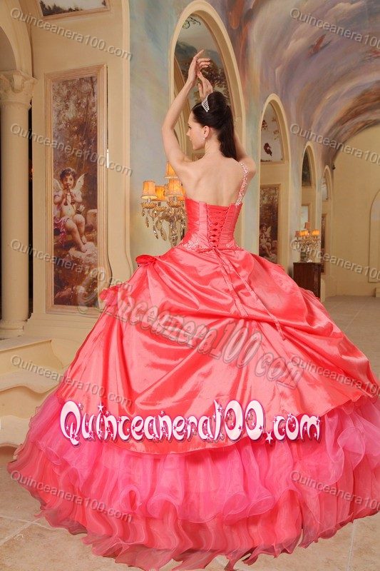 Pick Ups Appliqued Coral Red Quinceanera Dress One Shoulder