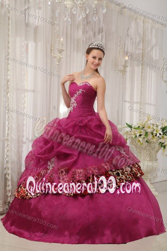 2013 Burgundy Leopard Print Pick Ups Appliqued Quince Dresses