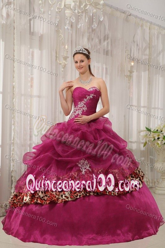 2013 Burgundy Leopard Print Pick Ups Appliqued Quince Dresses