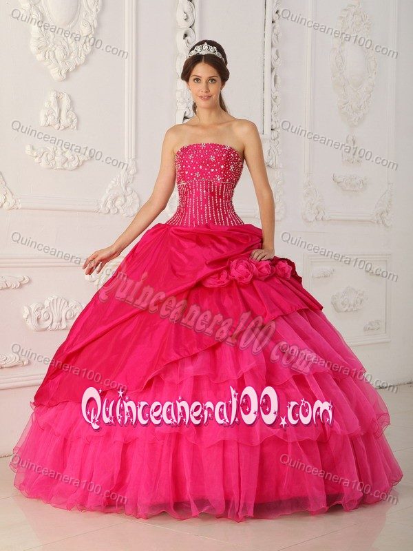 Ball Gown Beaded Ruffled Hot Pink Dress for Quince on Discount