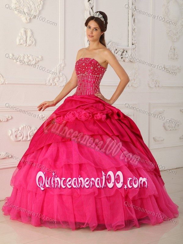 Ball Gown Beaded Ruffled Hot Pink Dress for Quince on Discount