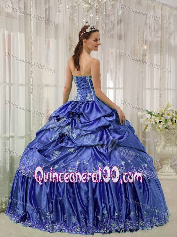 Strapless Corset Pick Ups Appliqued Blue Sweet Sixteen Dresses