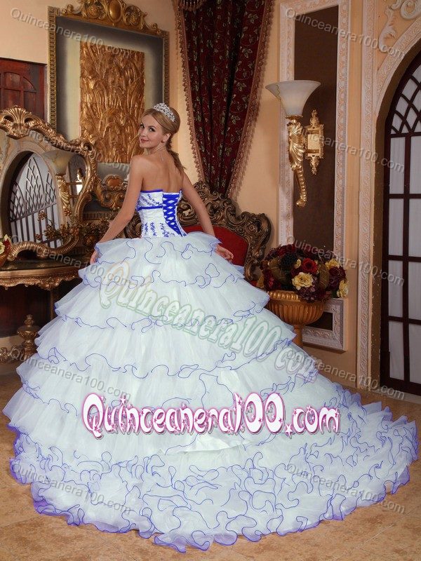 Lovely White Ruffled Layers Dresses for 15 with Blue Appliques