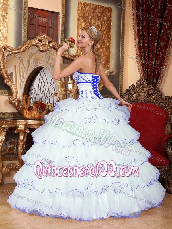 Lovely White Ruffled Layers Dresses for 15 with Blue Appliques