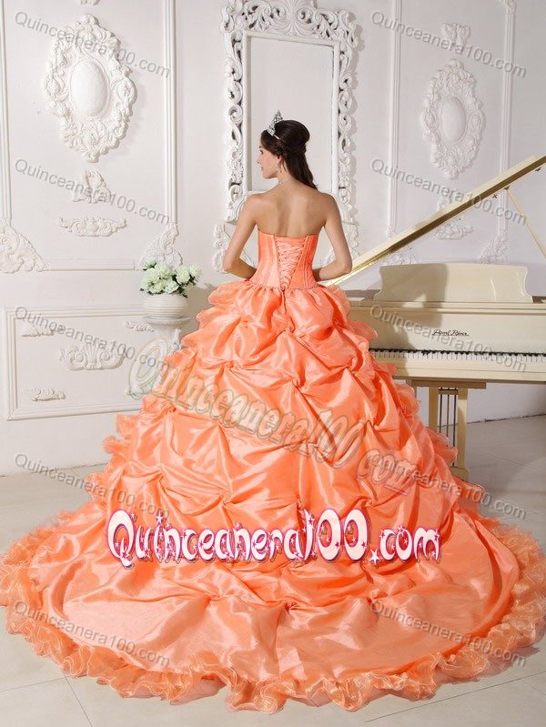 Orange Red Strapless Court Train Ruffled Quinceanera Dress