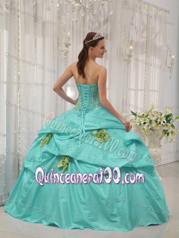 Strapless Beaded Apple Green Quinceanera Gown with Flowers