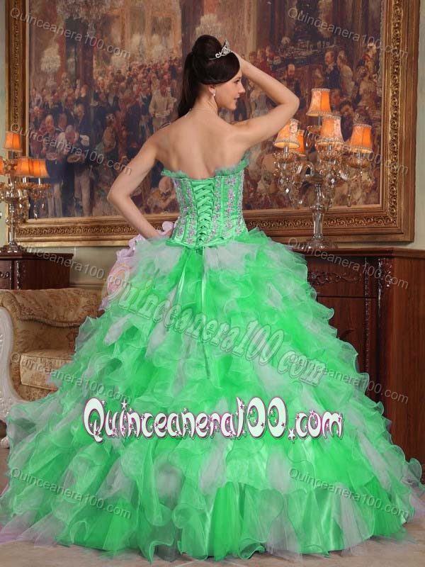 Appliqued Ruffled Corset Back Spring Green Dress for Quince