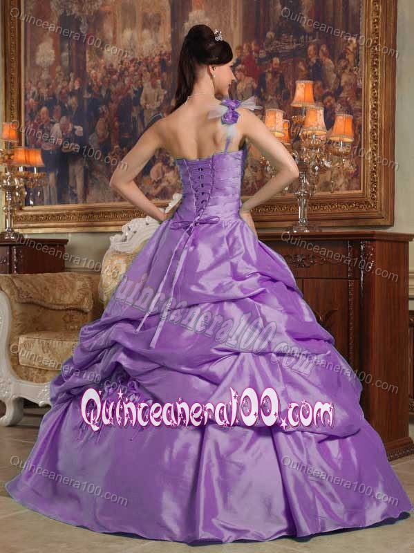 Pick Ups One Shoulder Flowers Decorate Purple Sweet 16 Dress