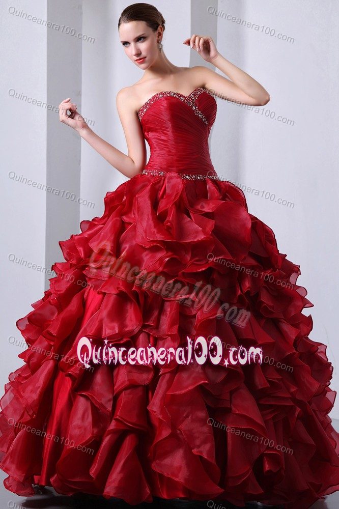 Strapless Wine Red Beading Ruffled Dresses for 15 Custom Made