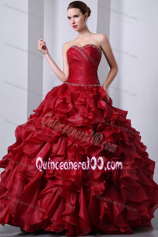 Strapless Wine Red Beading Ruffled Dresses for 15 Custom Made