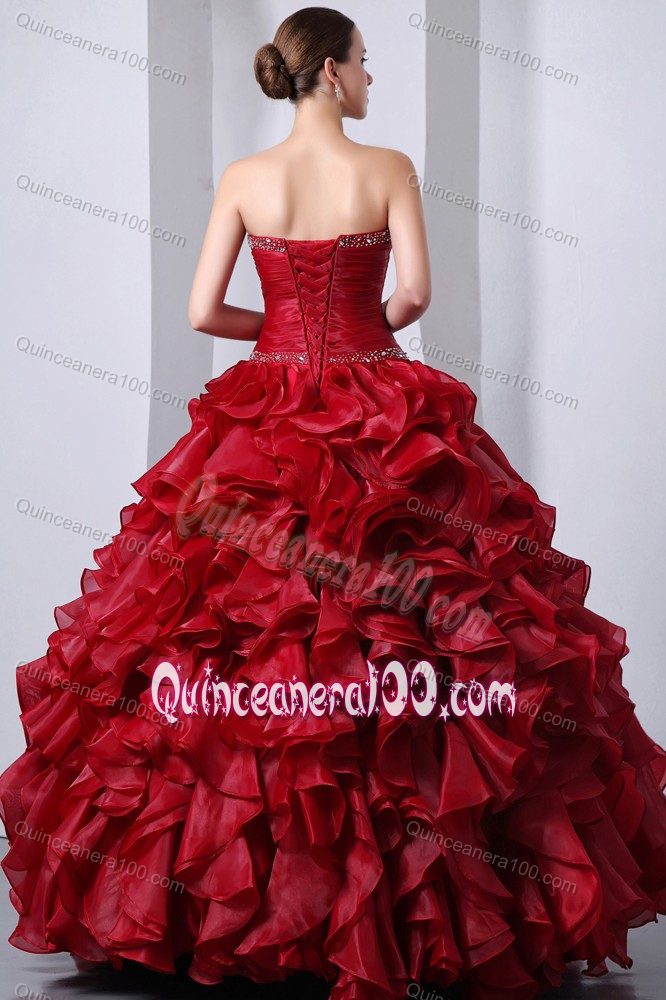 Strapless Wine Red Beading Ruffled Dresses for 15 Custom Made