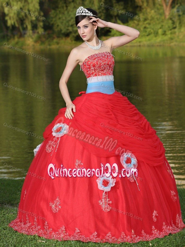 Sash Decorate Appliques Red Strapless Ruffled Dress for Sweet 16