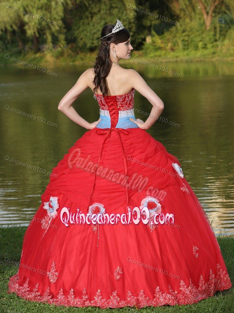 Sash Decorate Appliques Red Strapless Ruffled Dress for Sweet 16