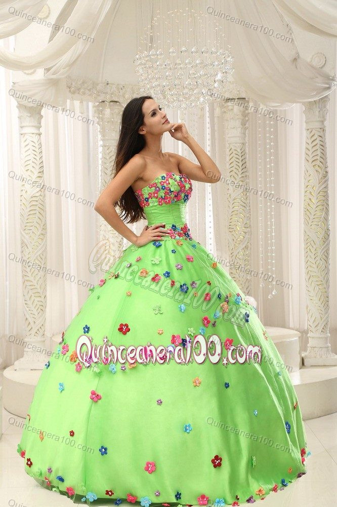 Colorful Floral Appliques Spring Green Strapless Dress for 15