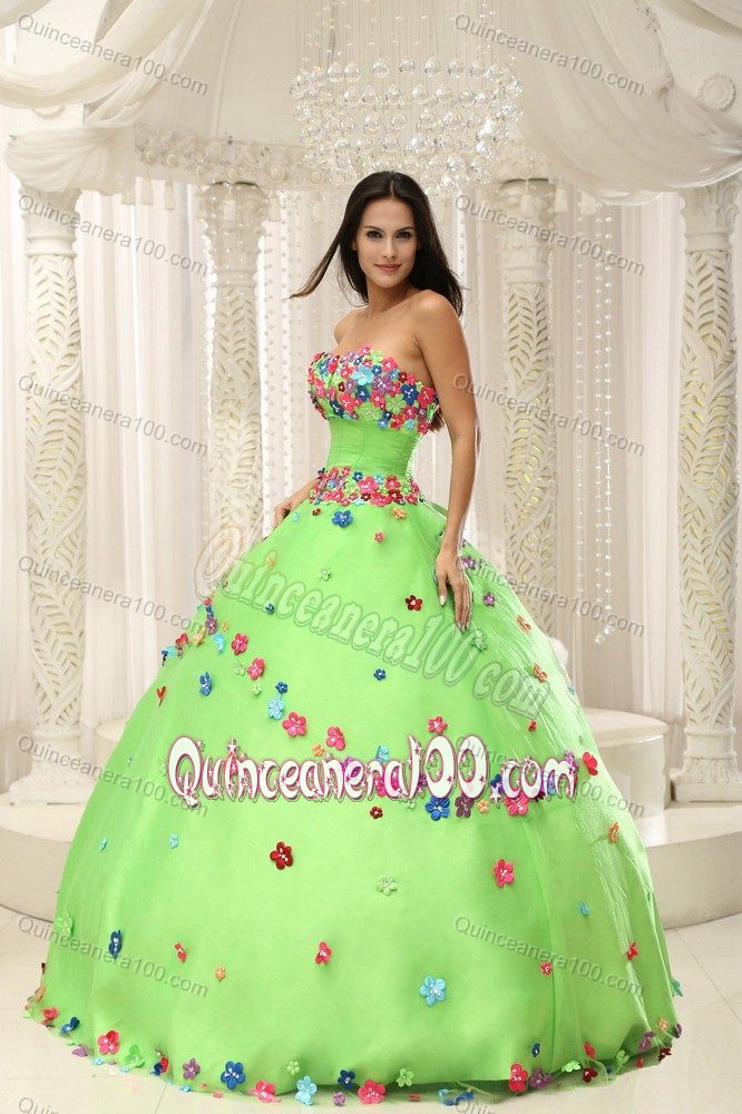 Colorful Floral Appliques Spring Green Strapless Dress for 15