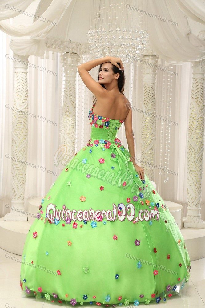 Colorful Floral Appliques Spring Green Strapless Dress for 15