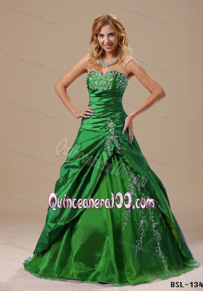 Green Strapless Lace Up Back Appliques Accent Taffeta Dress 15