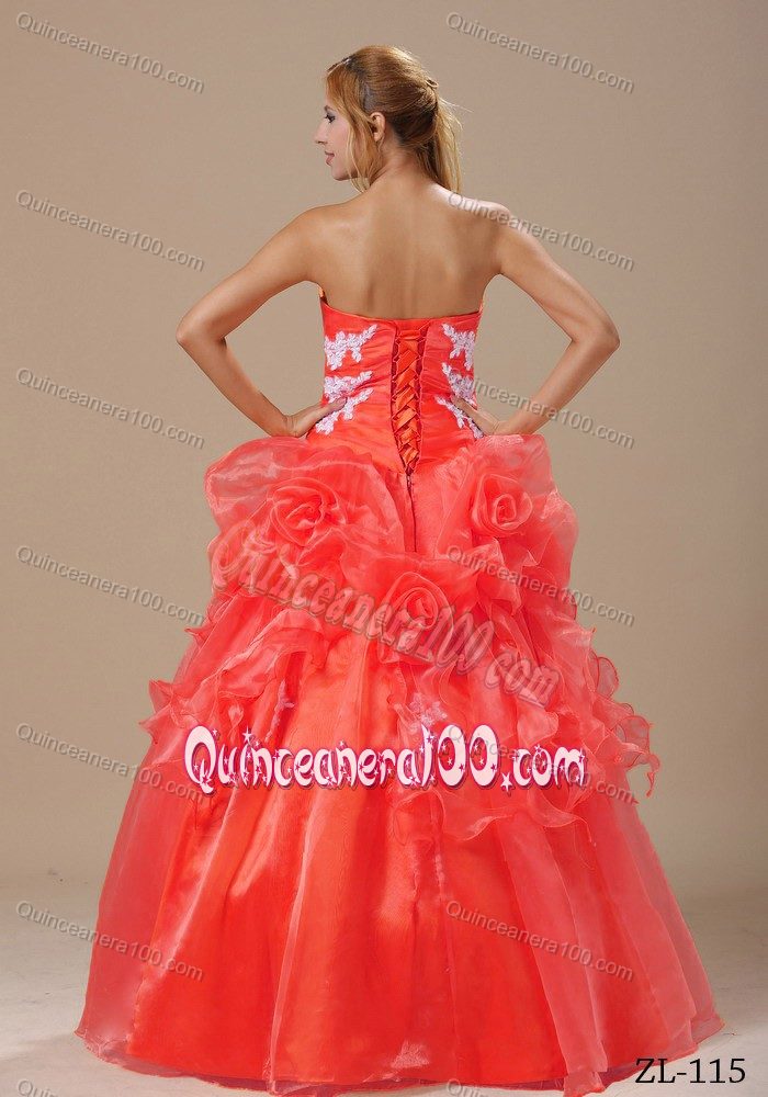 Appliques Accent Coral Red Strapless Ruffled Dress for Sweet 15