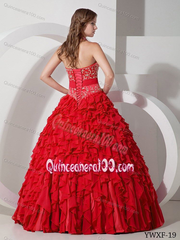 Red Halter Top Ruffled Embroidery Dresses of 15 with Bow Sash