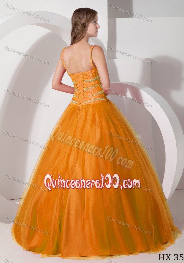 Orange Spaghetti Straps Beading Waist Quince Gowns Dresses