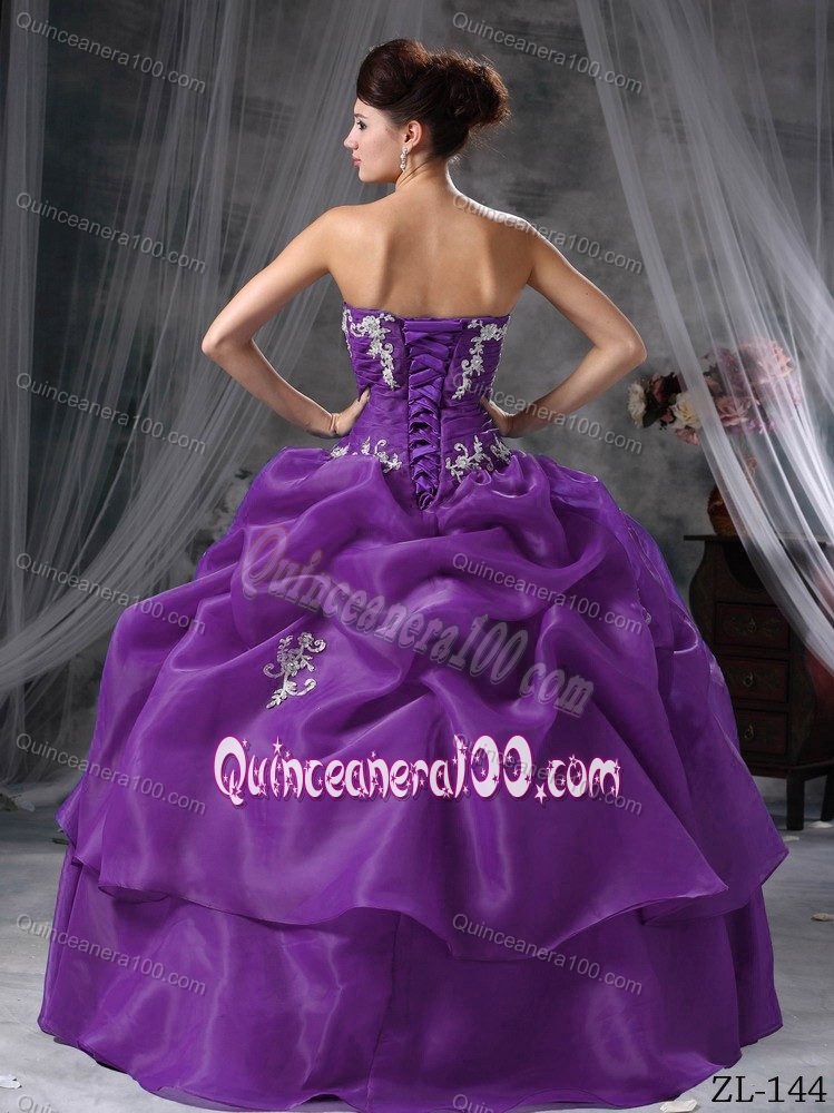 Purple Sweetheart Appliques Pick-ups Organza Sweet 16 Dresses