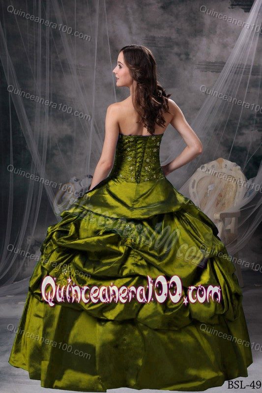 Olive Green Sweetheart Appliqued Pick-ups Dress for Quinceanera