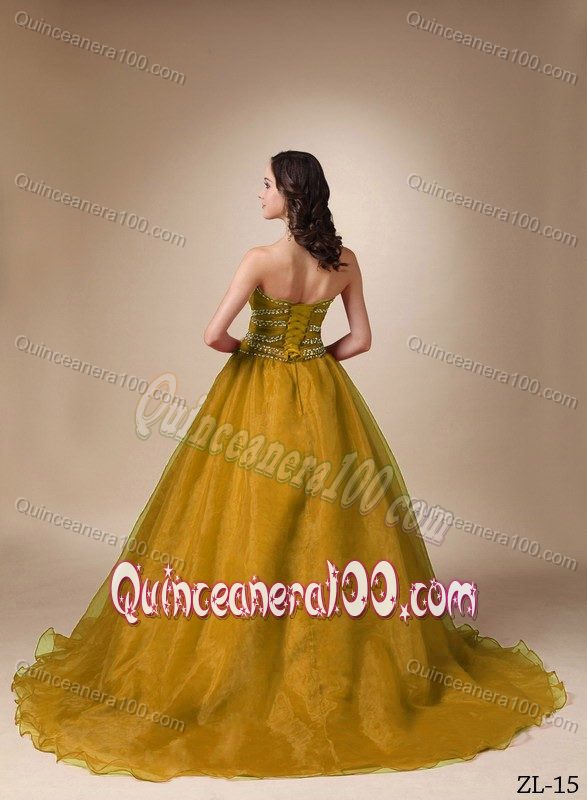 Unique Princess Sweetheart Chapel Train Beading Quince Gown