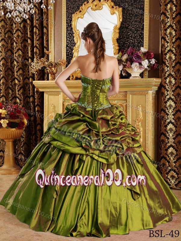 Olive Green Ruffled Appliques Pick-ups Taffeta Quince Gown