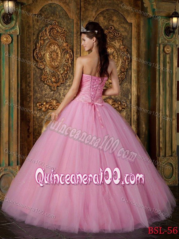 Rose Pink Strapless Appliques Ruched Bodice Sweet 16 Dresses