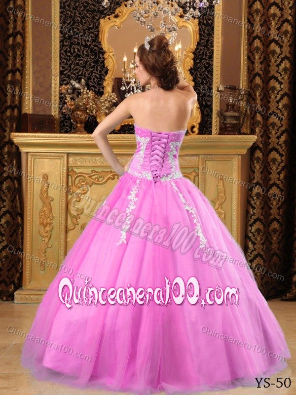 Pink Beading Appliqued Tulle Strapless Quince Dresses Designer