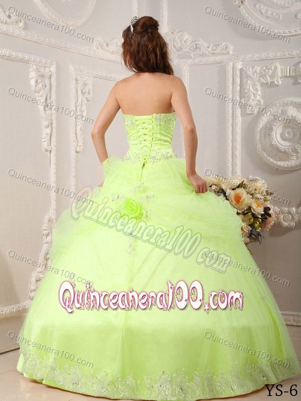 Yellow Green Tired Quince Party Dress with Hand Made Flowers