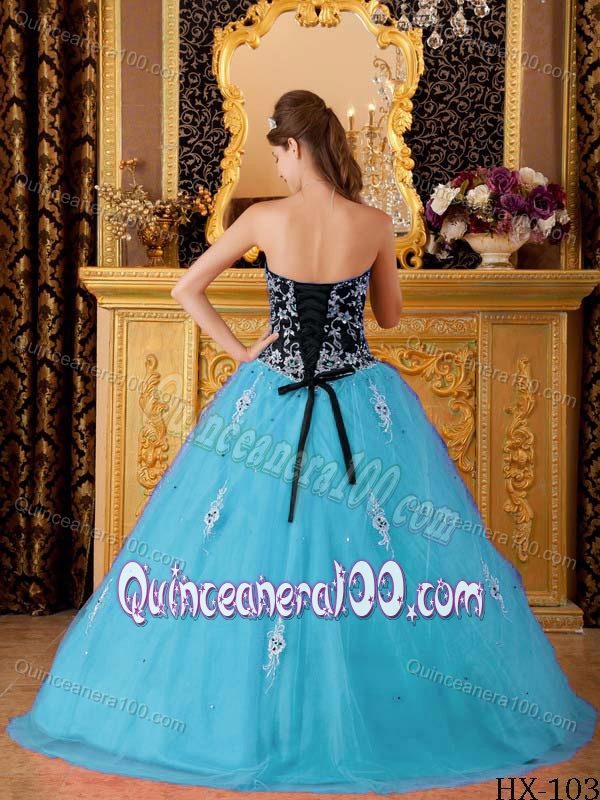 Beading Appliqued Aqua Blue and Black Dress for Quinceanera