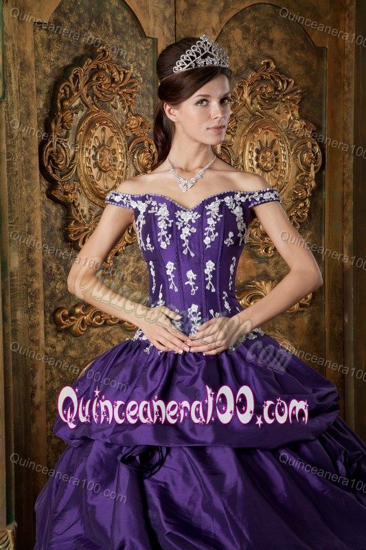 Eggplant Purple off the Shoulder Appliqued Tiered Dress Quince