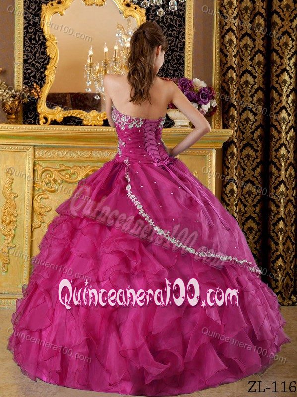 Fuchsia Appliques Ball Gown Beading Ruffled Quince Dresses