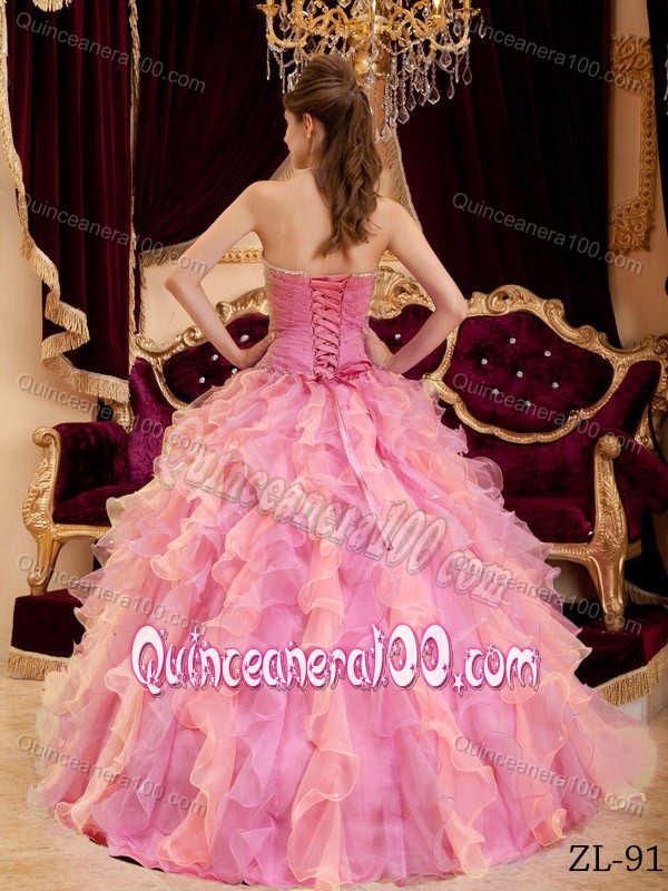 Cute Rose Pink Ruffled Beading Sweet 16 Dresses with Ruches