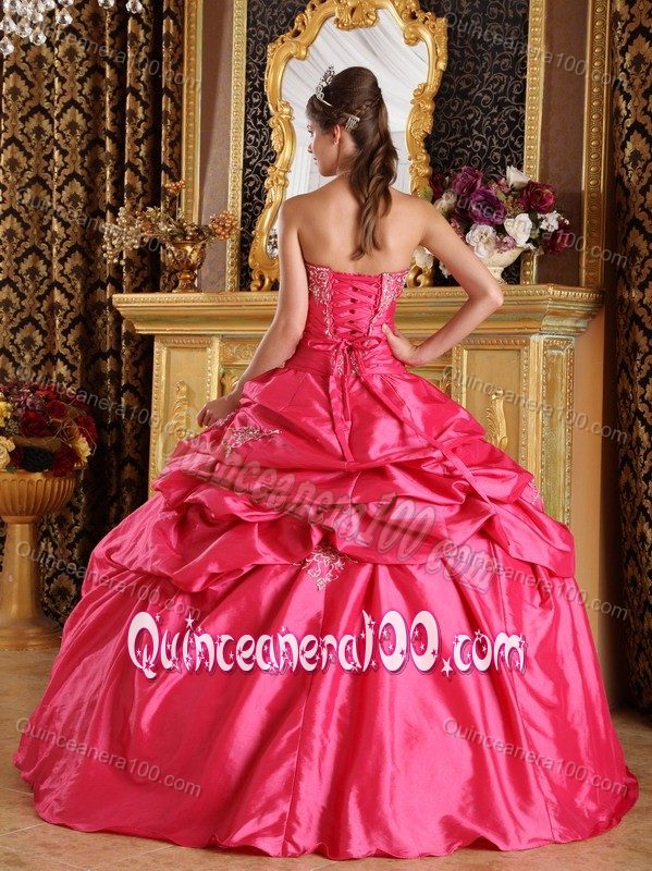 Hot Pink Ball Gown Pick-ups Appliqued Quinceanera Party Dress