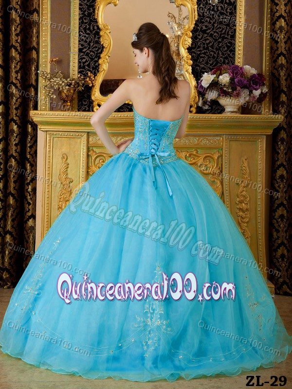 Popular Strapless Aqua Blue Organza Beading Quince Dresses