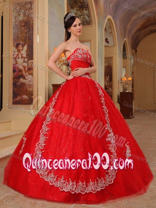 Embroidery Red Organza Dresses for a Quince with Appliques