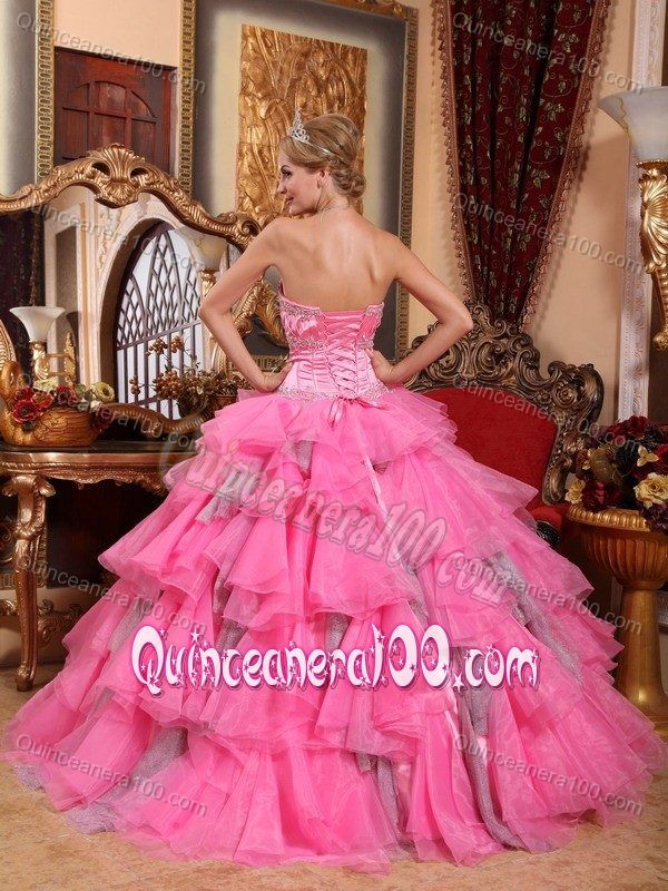 Strapless Rose Pink Multi-tiered Dresses for a Quince Appliqued