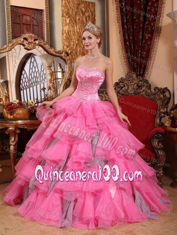 Strapless Rose Pink Multi-tiered Dresses for a Quince Appliqued